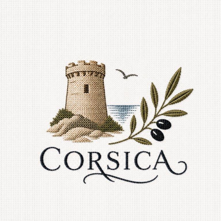 Corsica Ceneviz kulesi ve zeytin dalı işlemeli keten kumaş detayı