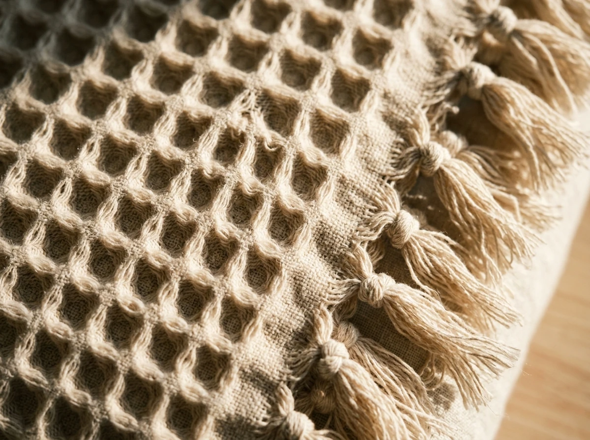 Tissage nid d’abeille 100 % coton égéen et franges nouées main
